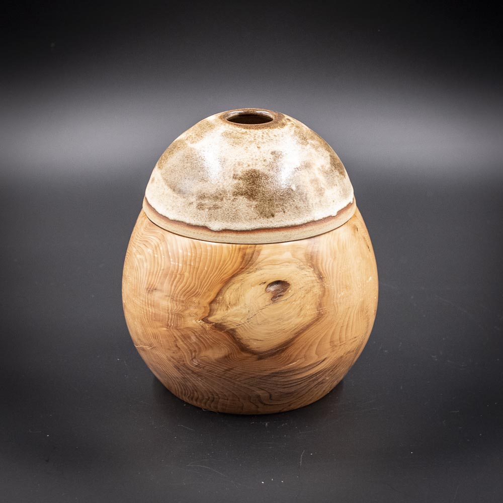 Pot "soliflore" en If et couvercle en céramique émaillé - Pièce unique